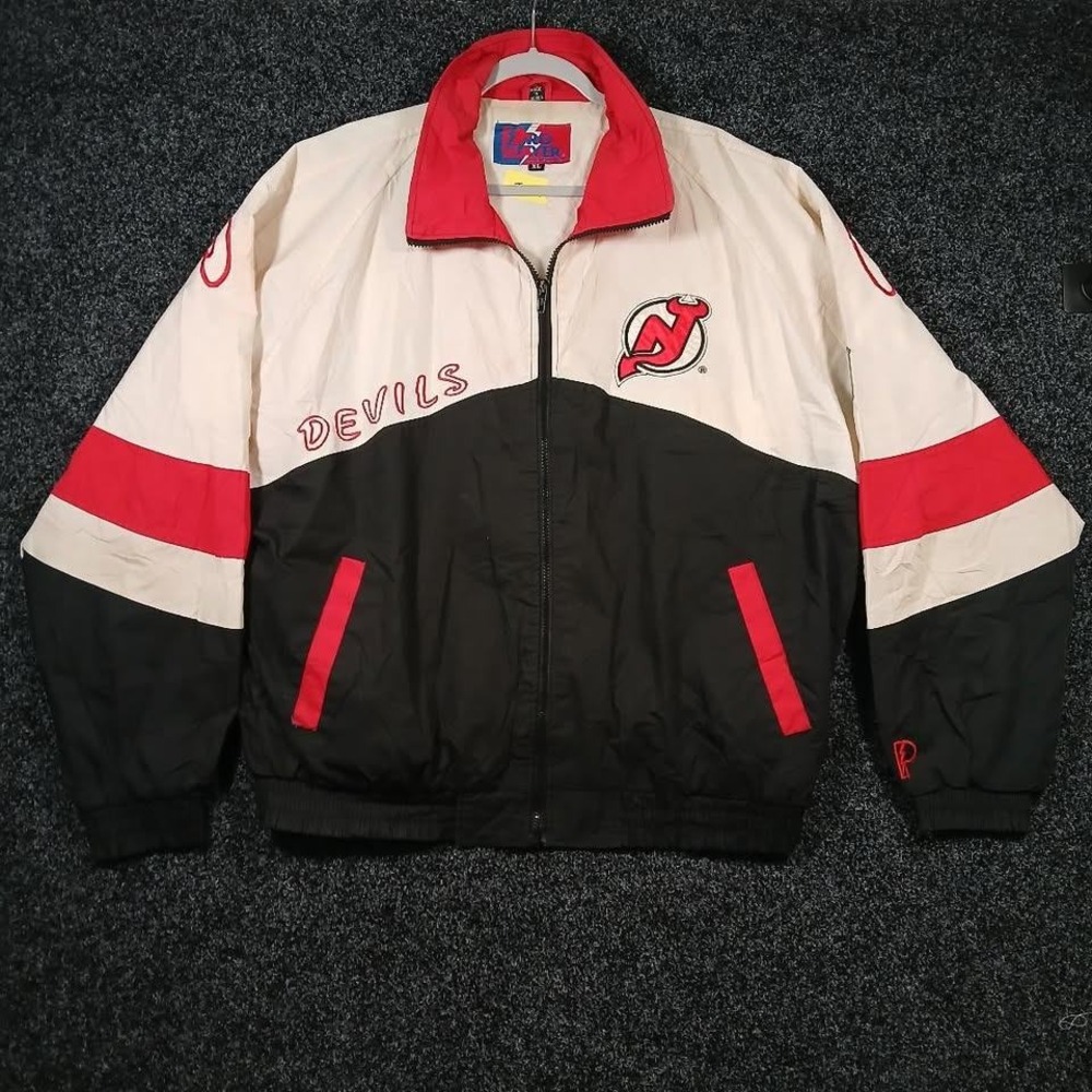 Vintage New Jersey Devils Pro Player NHL Windbreaker Jacket XL White Black Red